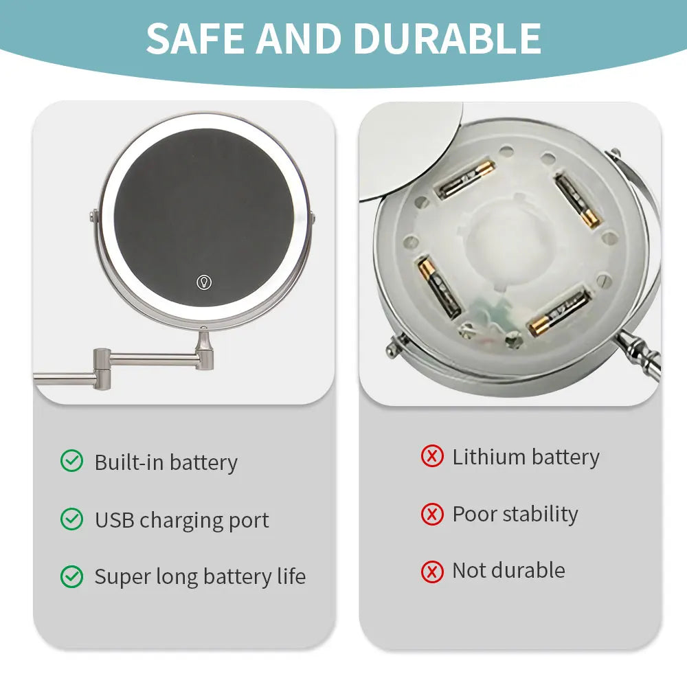 8” Wall-Mounted LED Makeup Mirror – 10X Magnifying & Touch Dimming