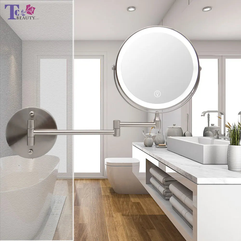 8” Wall-Mounted LED Makeup Mirror – 10X Magnifying & Touch Dimming