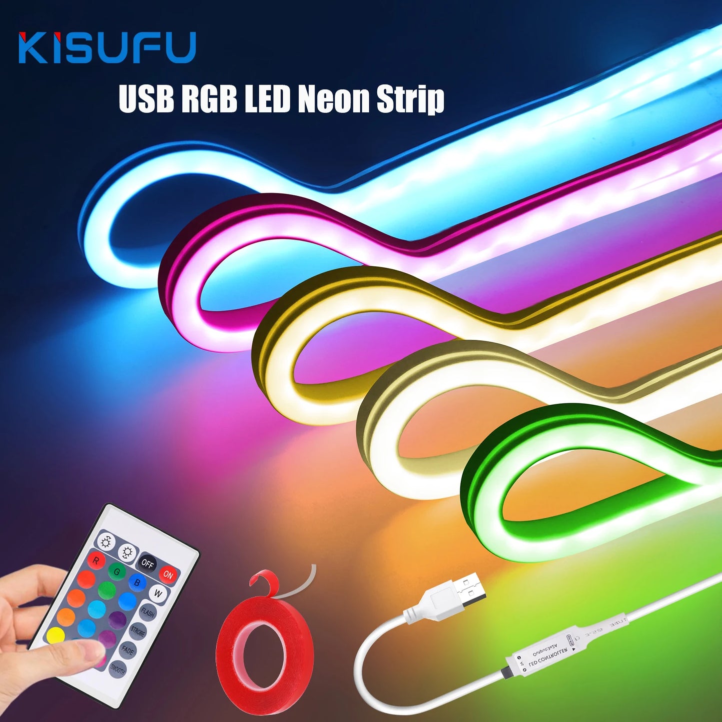 5V USB RGB Neon LED Strip Lights – Remote Control, 1-5M, Waterproof
