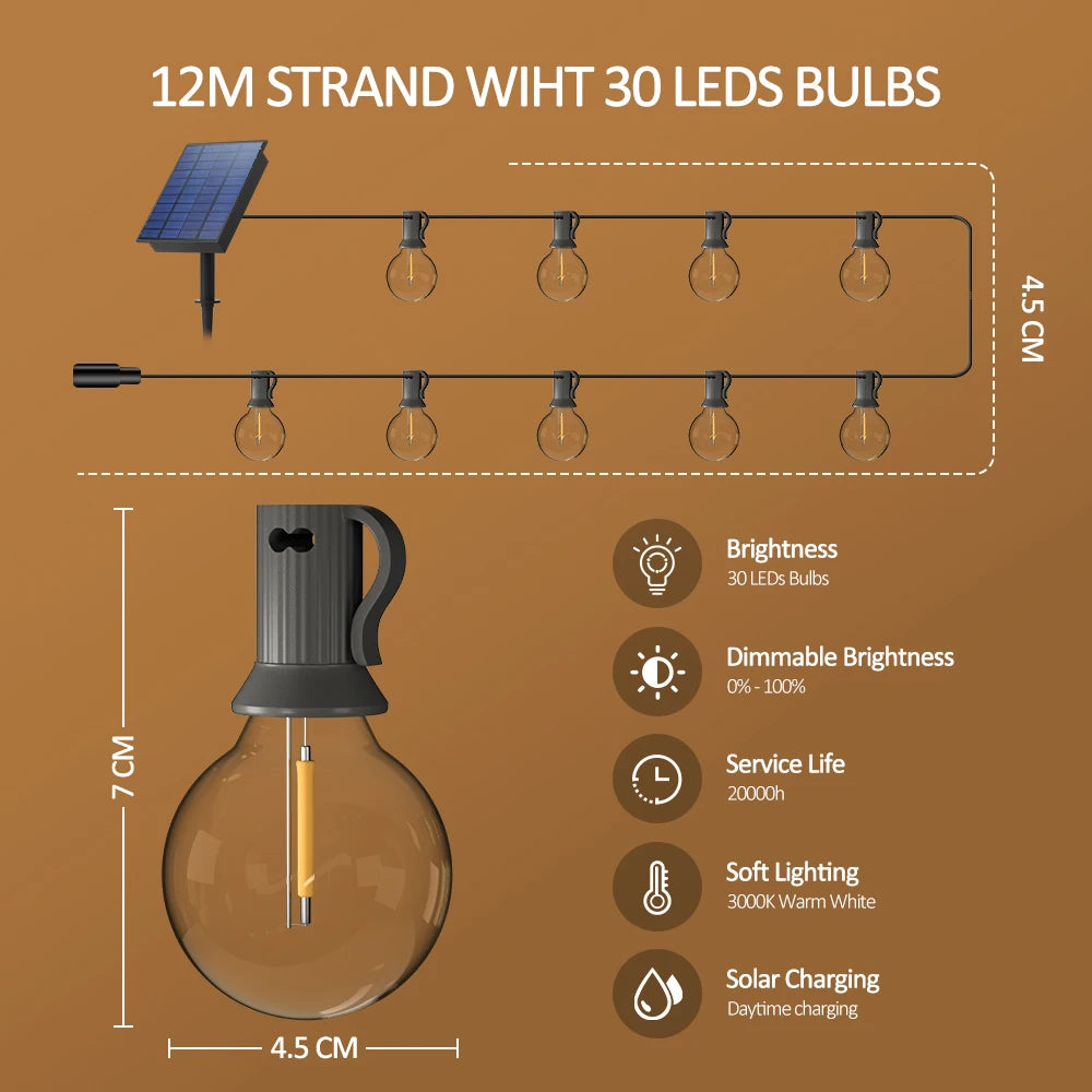 Solar G40 Patio String Lights – LED, Shatterproof & Weatherproof
