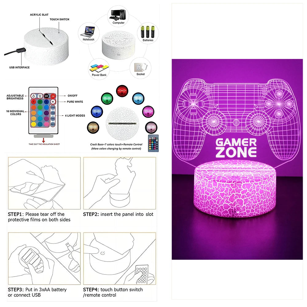 Neon Gamer 3D LED Night Light – RGB Gaming Room Lamp for Gifts