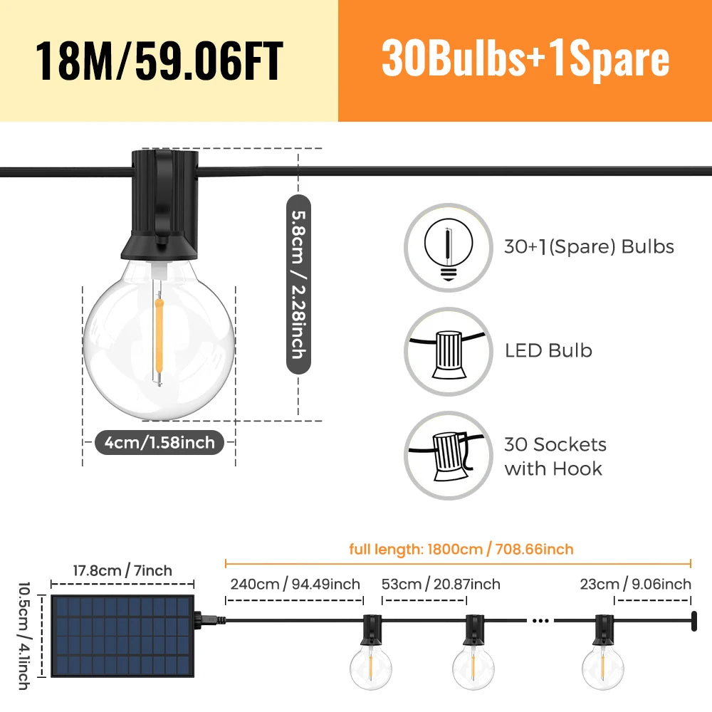 Solar G40 Patio String Lights – LED, Shatterproof & Weatherproof