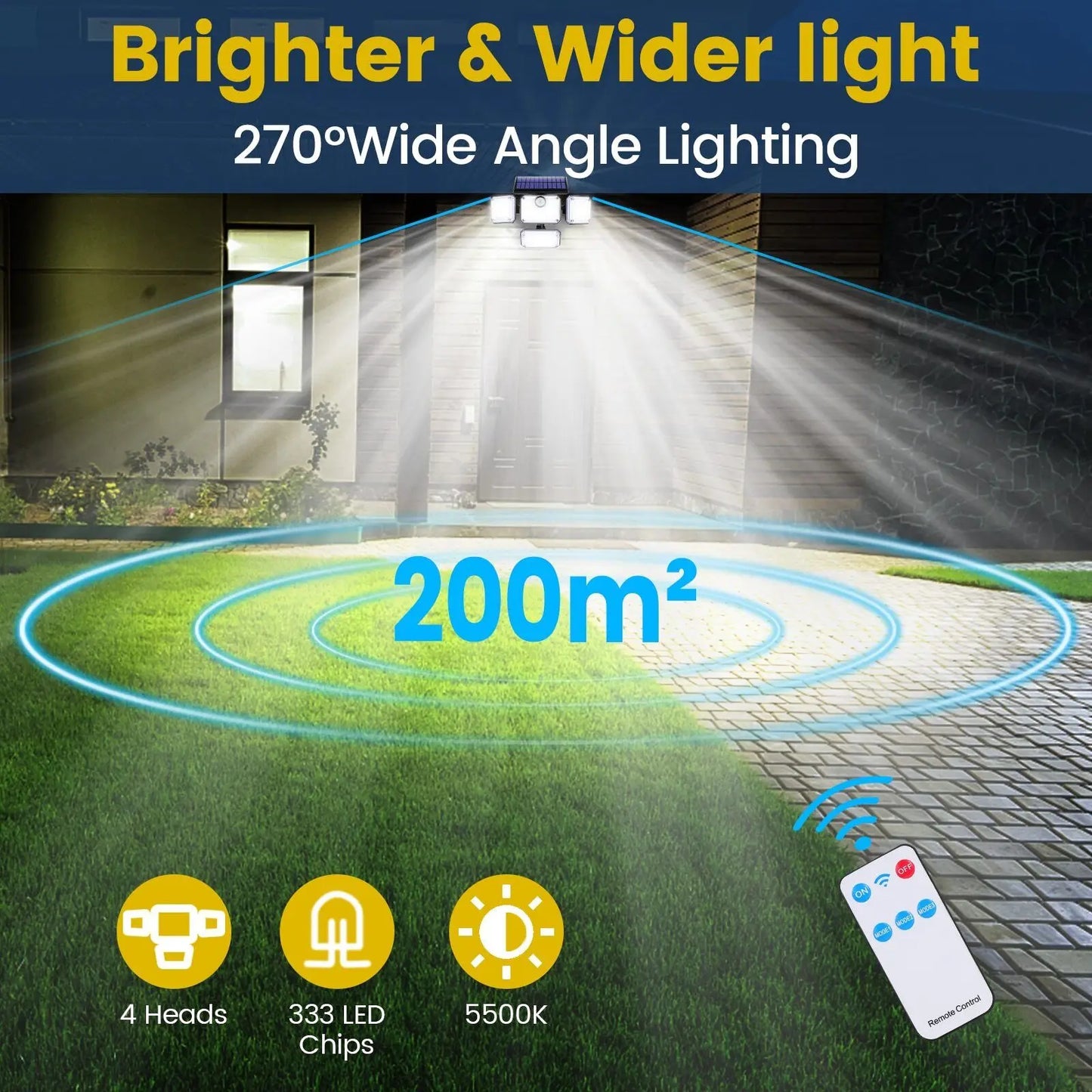2000LM Solar Powered Outdoor Light – LED Motion Sensor Security Lamp