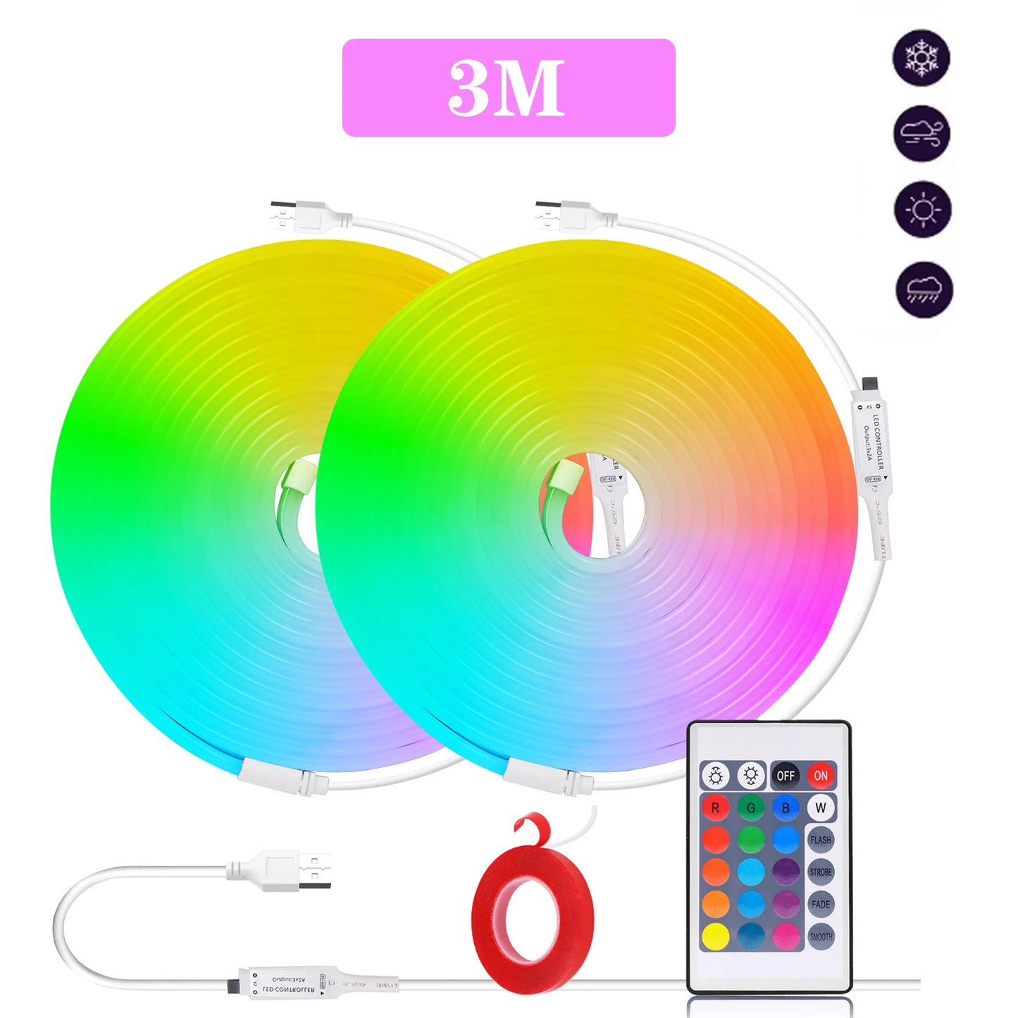 5V USB RGB Neon LED Strip Lights – Remote Control, 1-5M, Waterproof