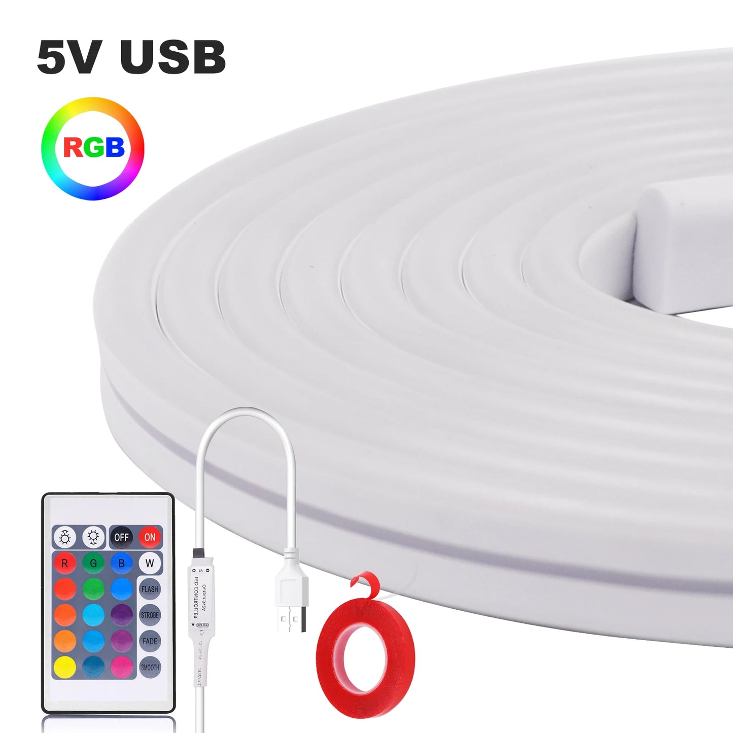 5V USB RGB Neon LED Strip Lights – Remote Control, 1-5M, Waterproof