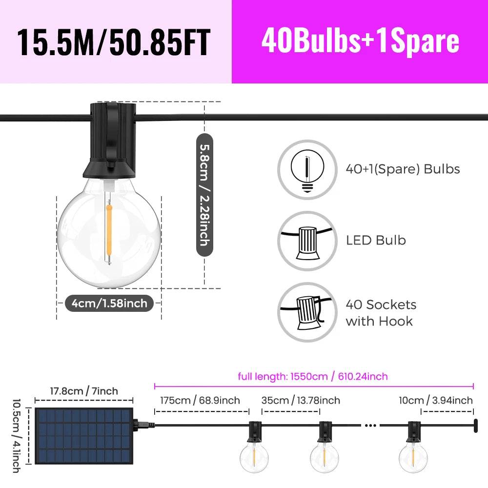 Solar G40 Patio String Lights – LED, Shatterproof & Weatherproof