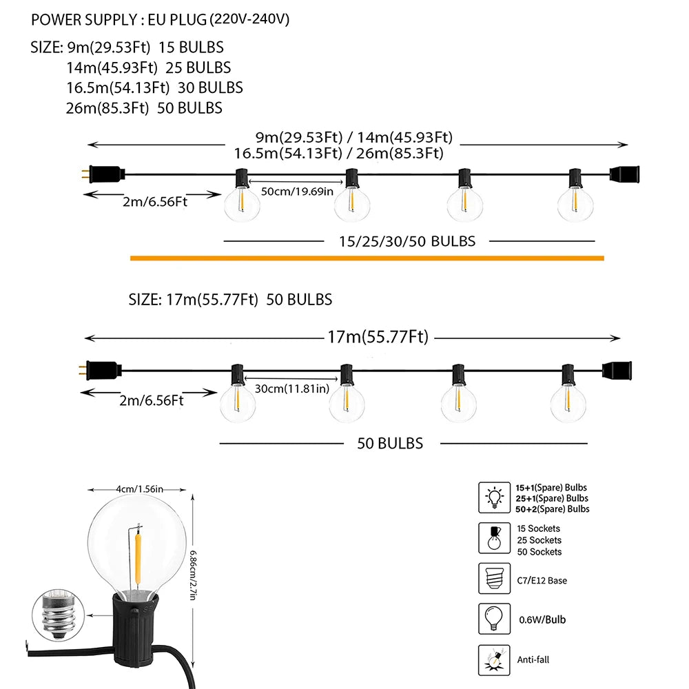 LED G40 Outdoor String Lights – Warm White Festoon Lights for Patio