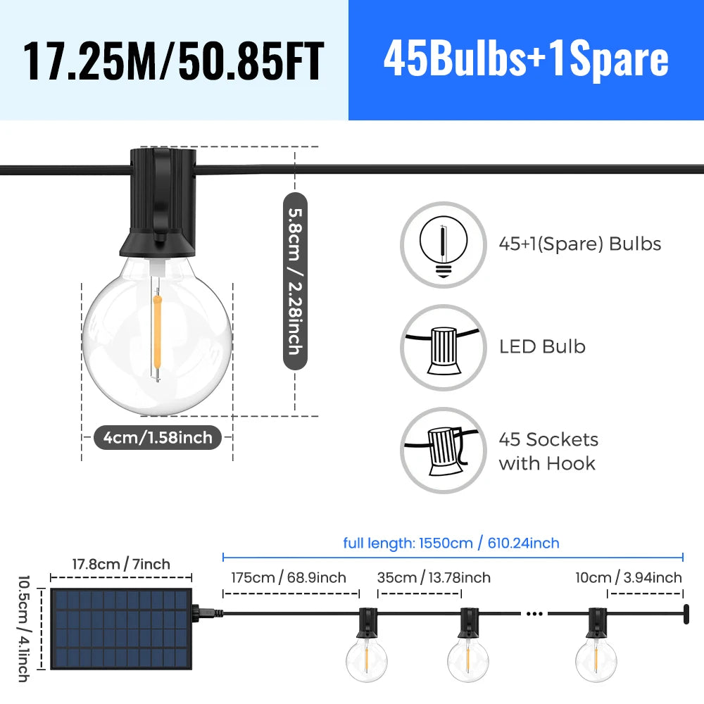 Solar G40 Patio String Lights – LED, Shatterproof & Weatherproof