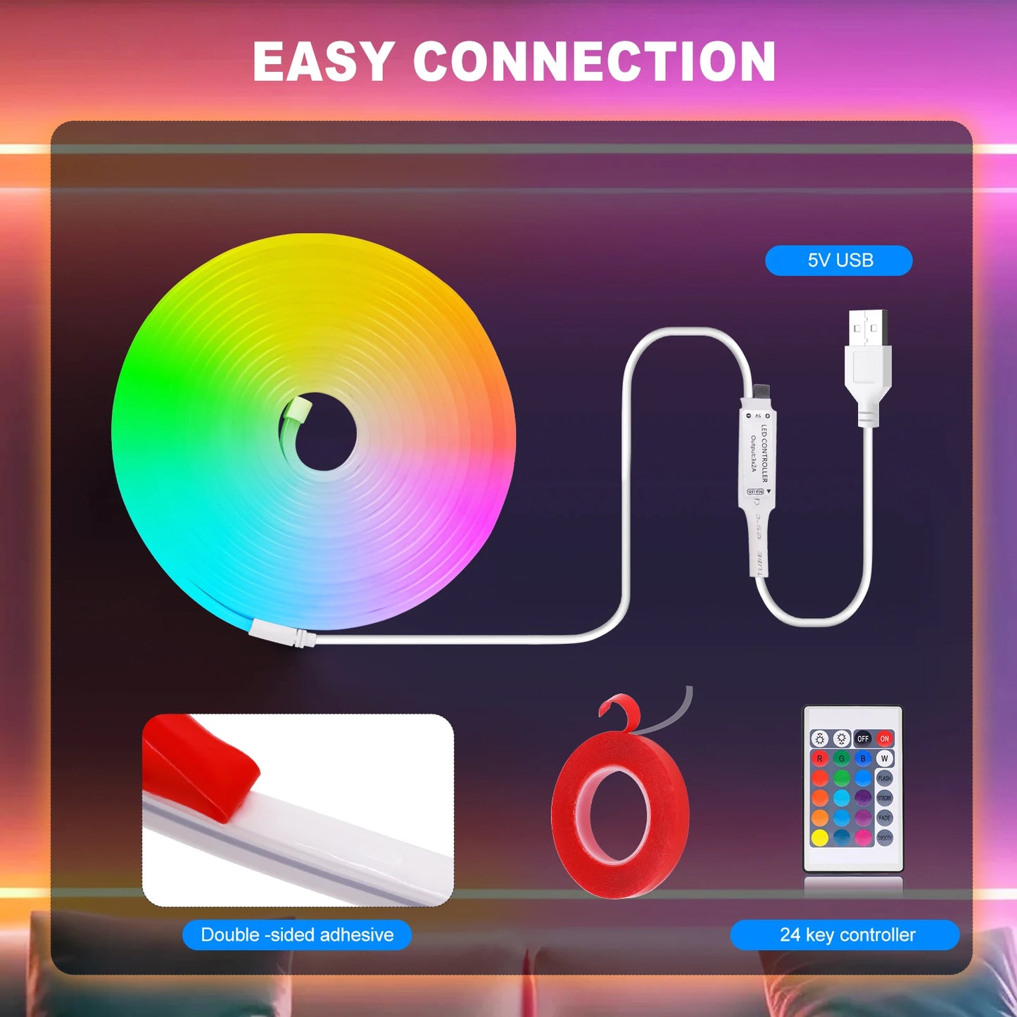 5V USB RGB Neon LED Strip Lights – Remote Control, 1-5M, Waterproof