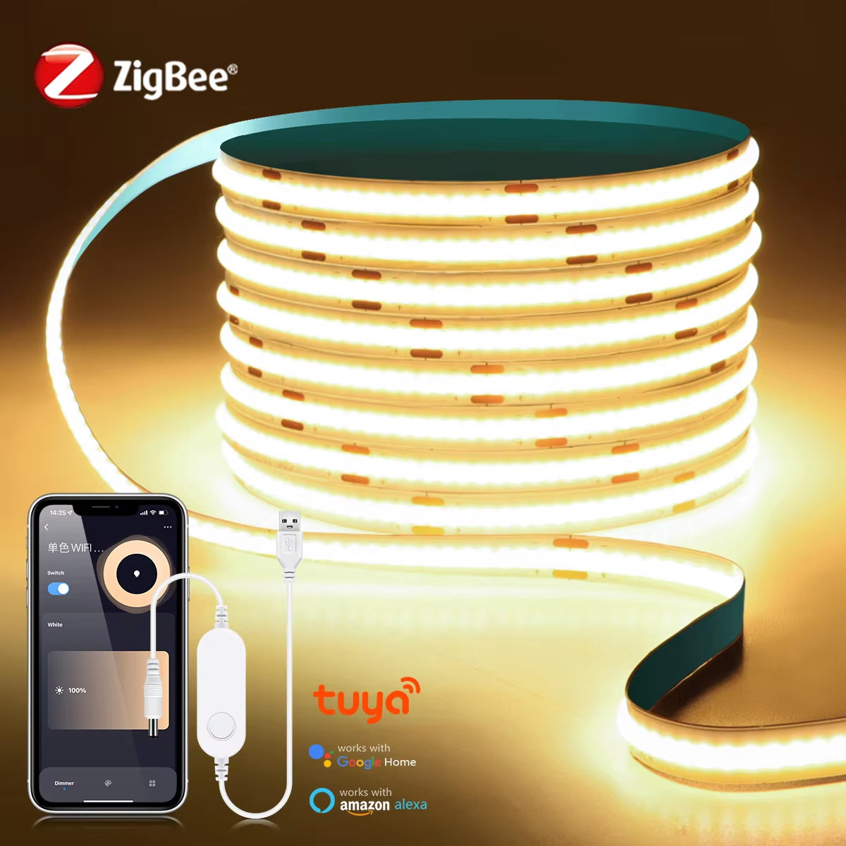 Zigbee COB LED Strip Smart Tuya Alexa Lights USB 5V Dimmable Neon LED Tape with Wifi Dimmer Controller Bedroom Room Kitchen Deco