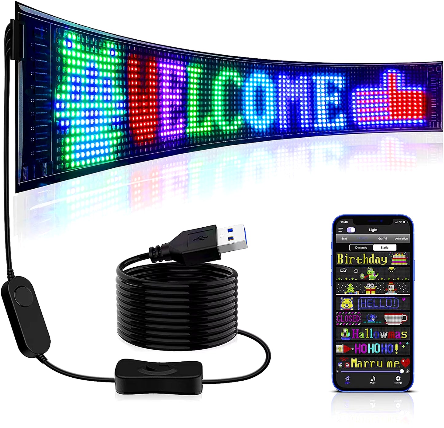 LED Matrix Pixel Panel ,USB 5V Flexible Addressable RGB Pattern Graffiti Scrolling Text Animation Display Car Shop,Bluetooth APP