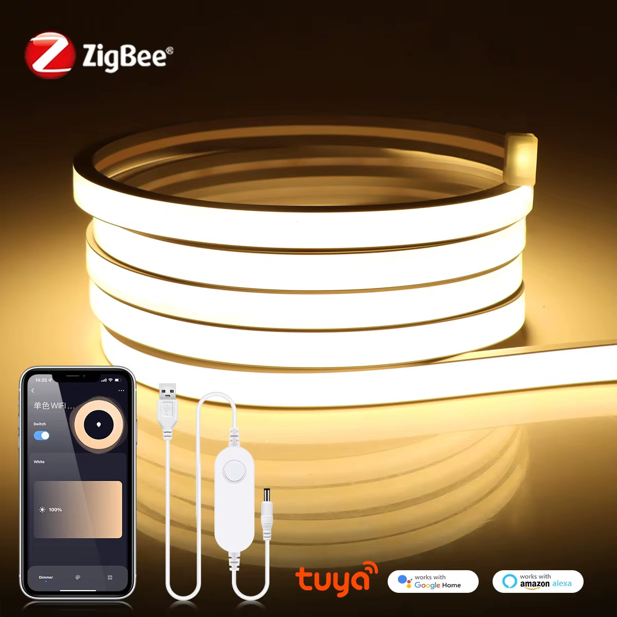 Zigbee 3.0 Wifi COB LED Strip Smart Tuya 5V USB Light Neon LED Tape with Dimmable Dimmer LED Controller Alexa Lamp Cabinet Decor