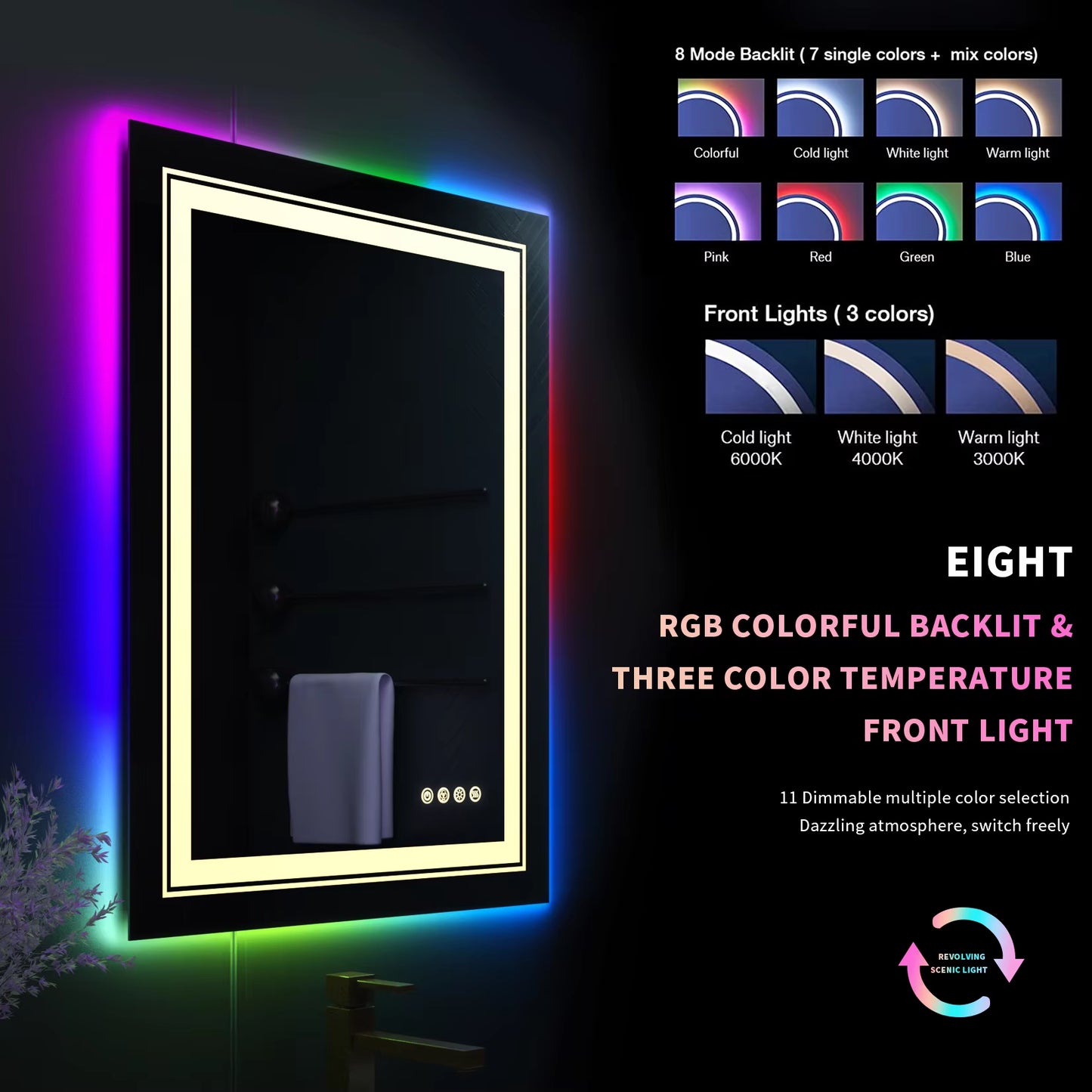 Rectangle RGB LED Wall Mounted Vanity Bath Mirror 