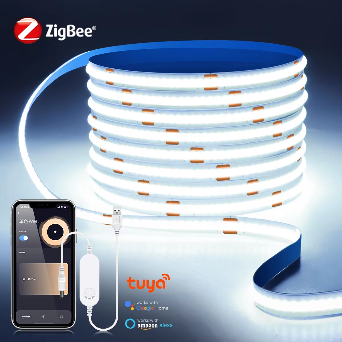 Zigbee COB LED Strip Smart Tuya Alexa Lights USB 5V Dimmable Neon LED Tape with Wifi Dimmer Controller Bedroom Room Kitchen Deco