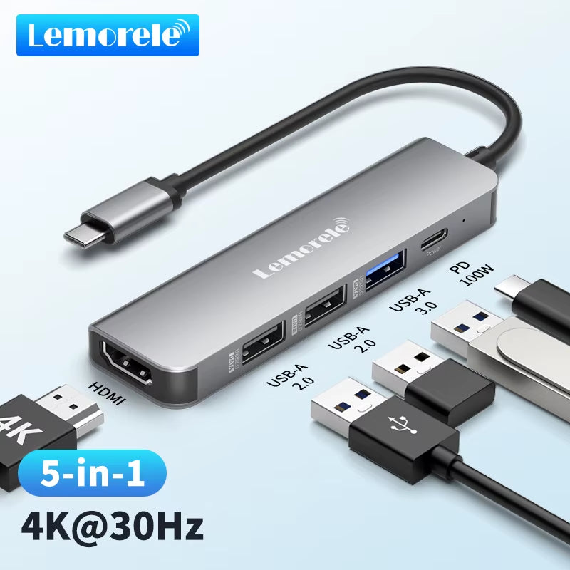 5-Port TC101 USB-C Hub with 4K HDMI, 100W Power, & 5Gbps Speed