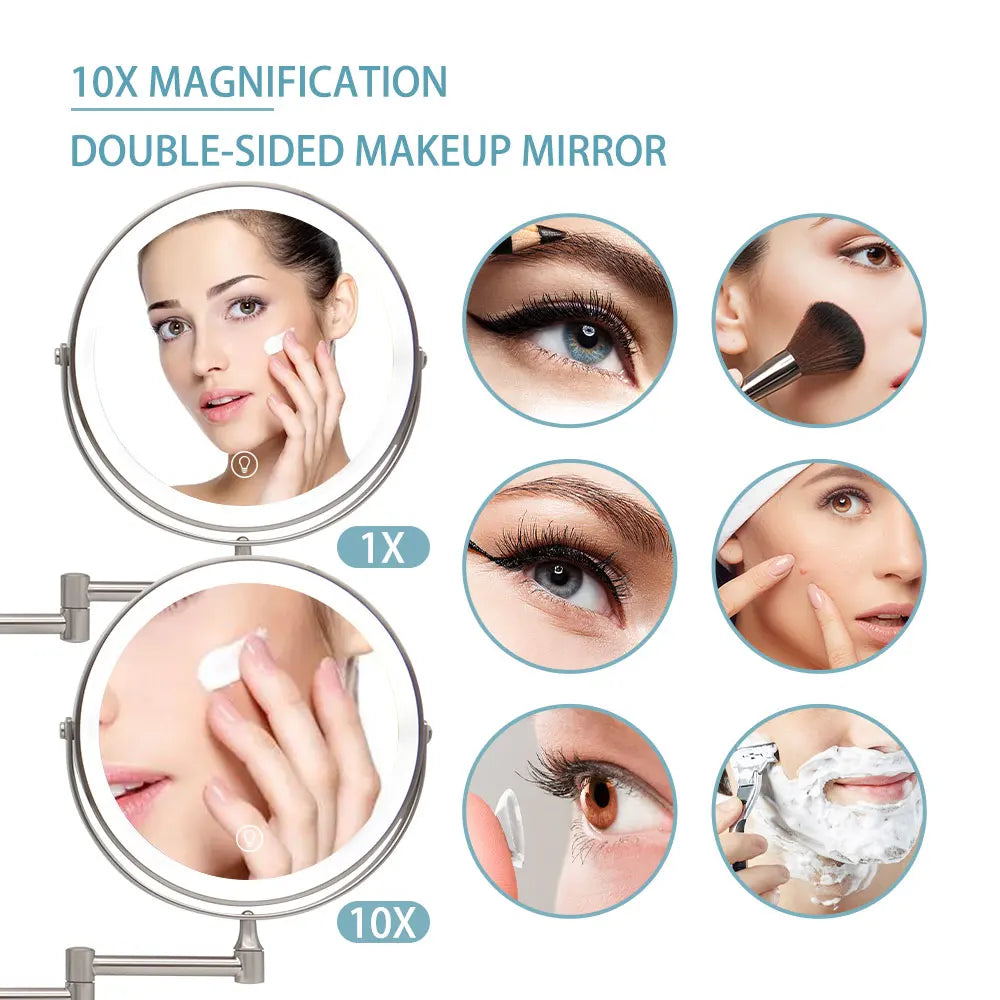 8” Wall-Mounted LED Makeup Mirror – 10X Magnifying & Touch Dimming