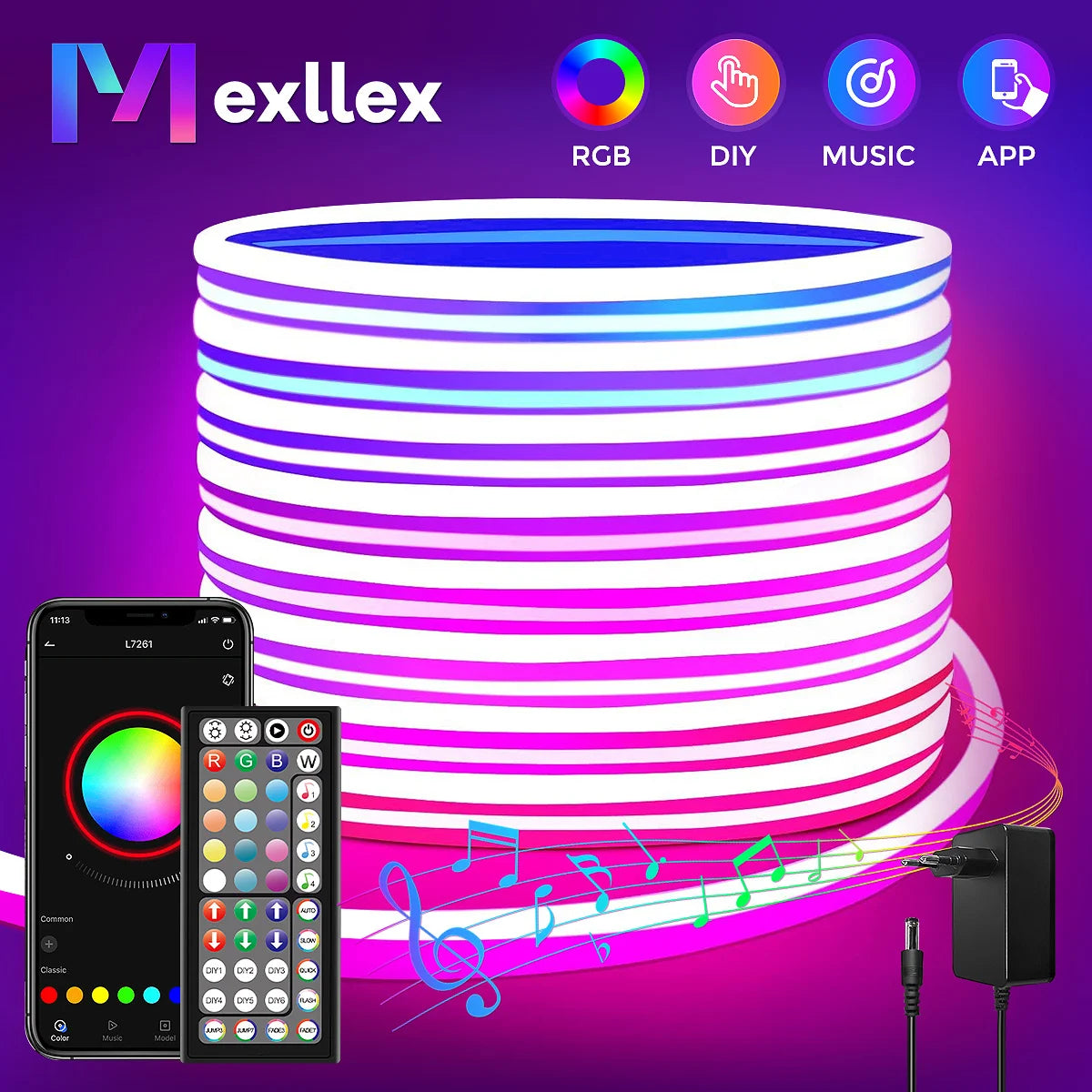 5M-40M Mexllex RGB Neon Light Strip – Remote,Waterproof