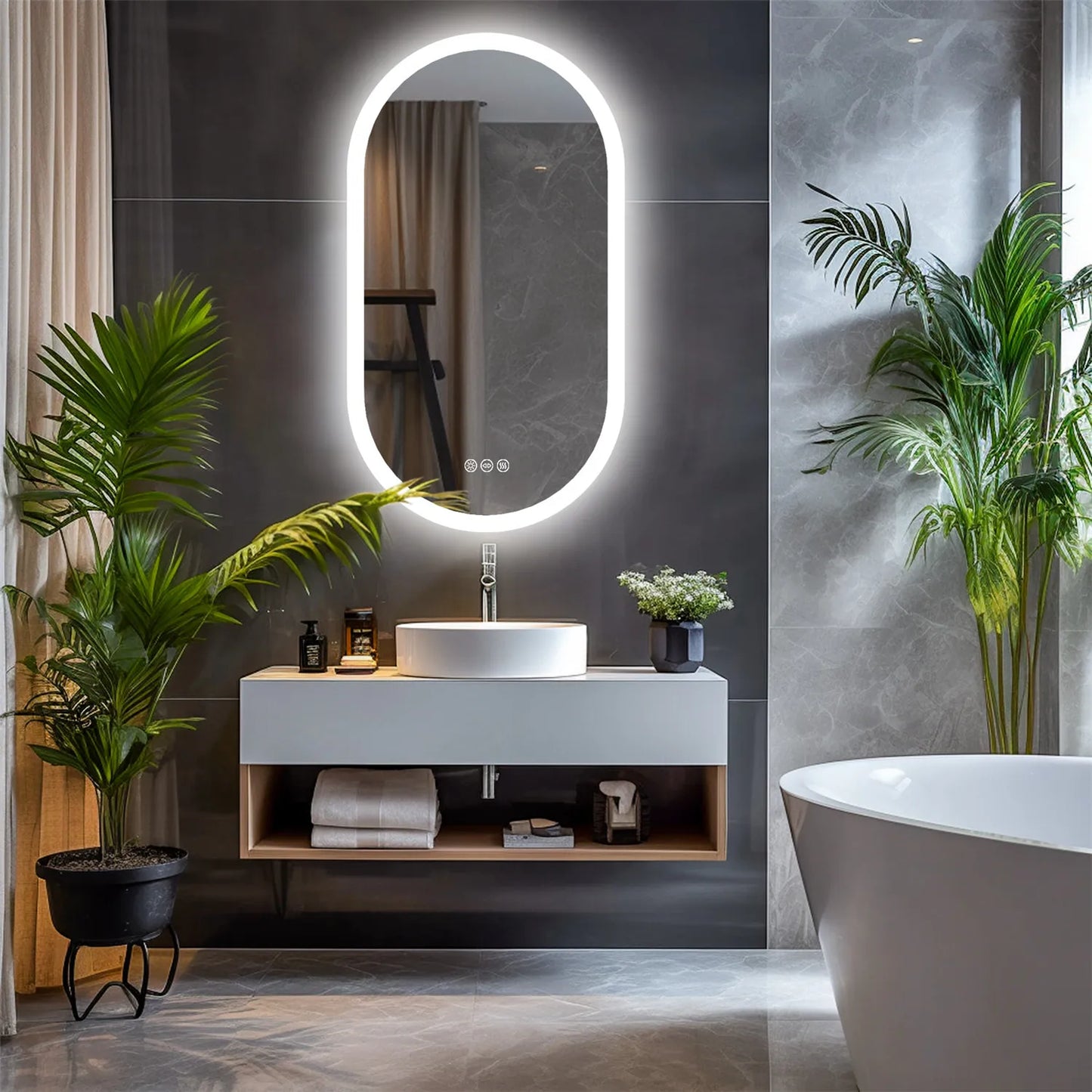 Oval LED Bathroom Mirror – Backlit, Dimmable 3 Colors, Anti-Fog