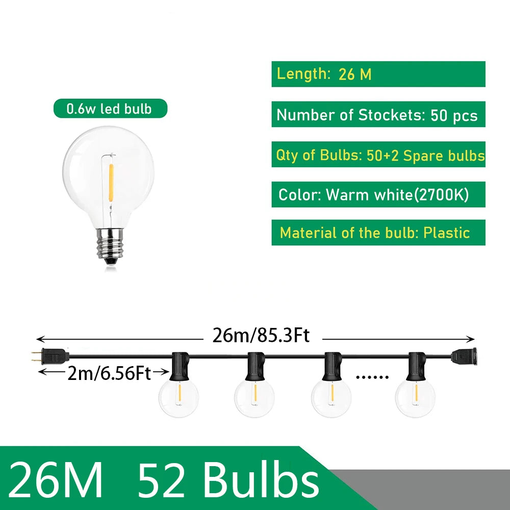 LED G40 Outdoor String Lights – Warm White Festoon Lights for Patio