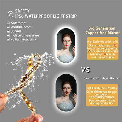 Oval LED Bathroom Mirror – Backlit, Dimmable 3 Colors, Anti-Fog