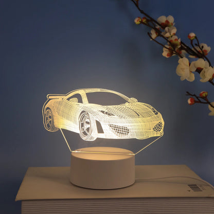 3D Sports Car Night Light – Warm Bedside Lamp for Bedroom & Study
