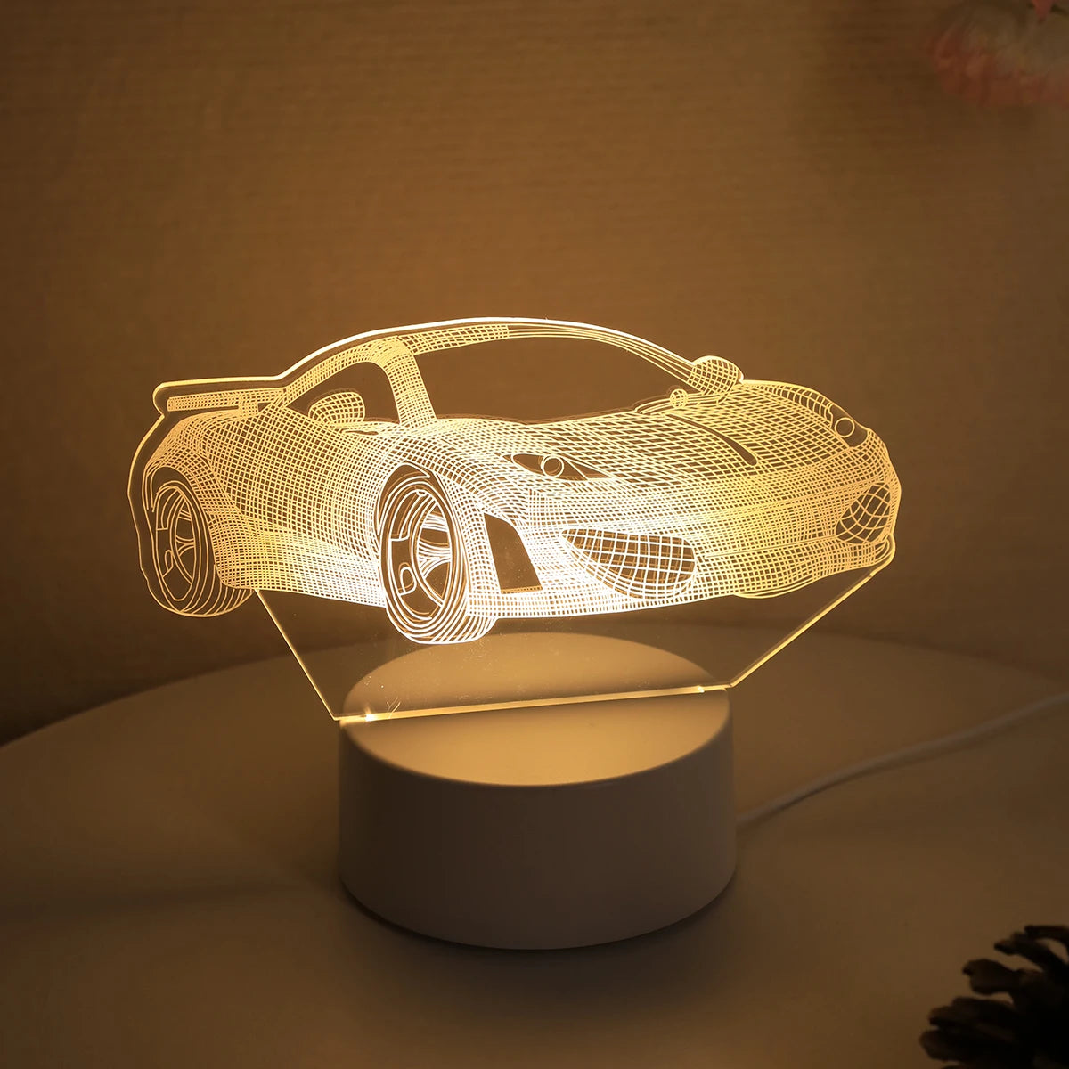 3D Sports Car Night Light – Warm Bedside Lamp for Bedroom & Study