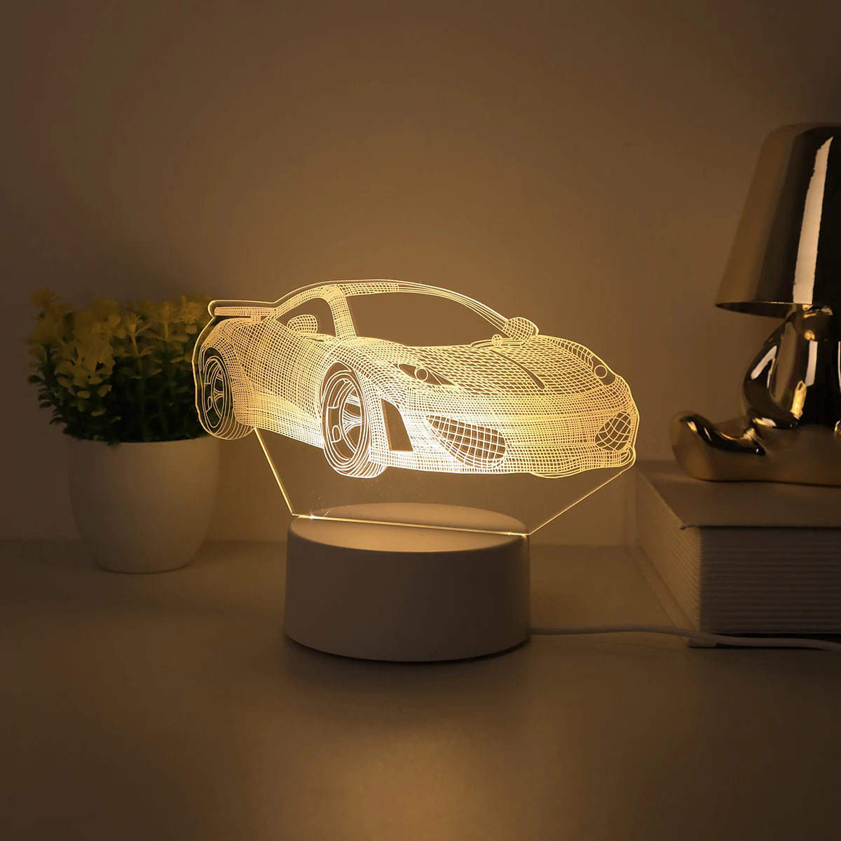 3D Sports Car Night Light – Warm Bedside Lamp for Bedroom & Study