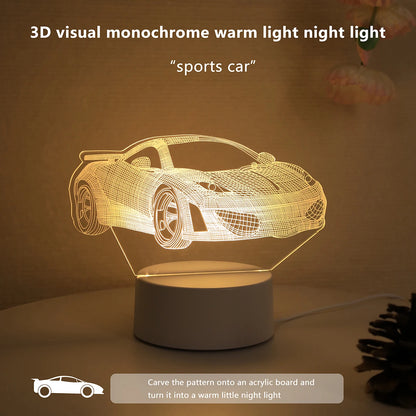 3D Sports Car Night Light – Warm Bedside Lamp for Bedroom & Study