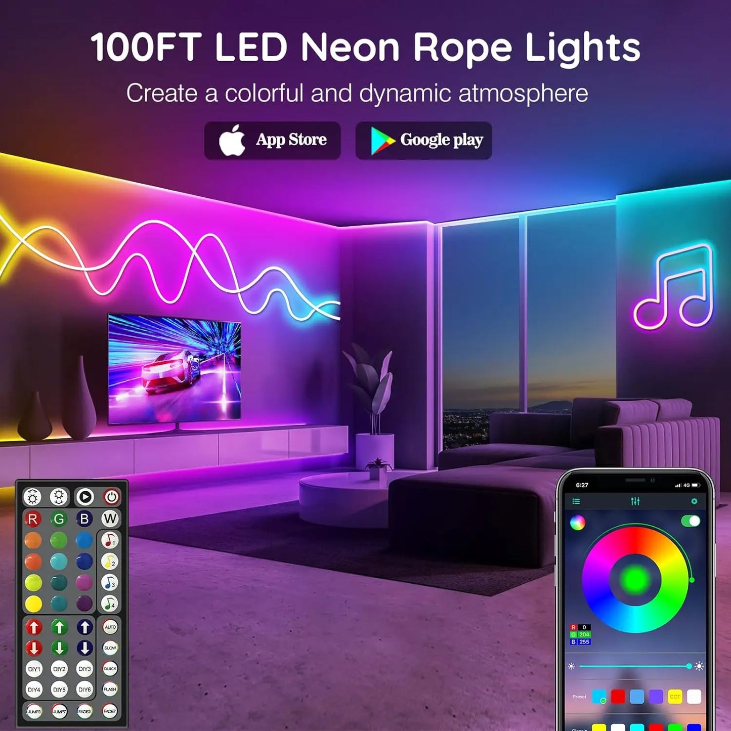 5M-40M Mexllex RGB Neon Light Strip – Remote,Waterproof