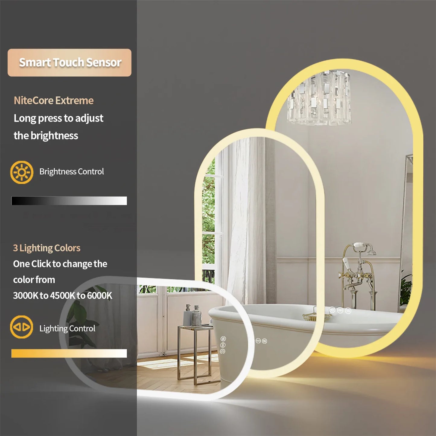 Oval LED Bathroom Mirror – Backlit, Dimmable 3 Colors, Anti-Fog