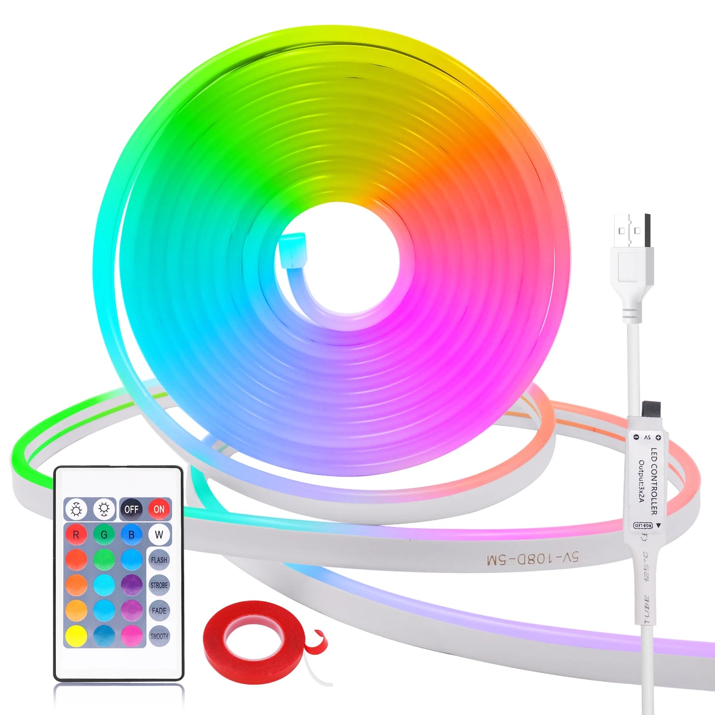 5V USB RGB Neon LED Strip Lights – Remote Control, 1-5M, Waterproof
