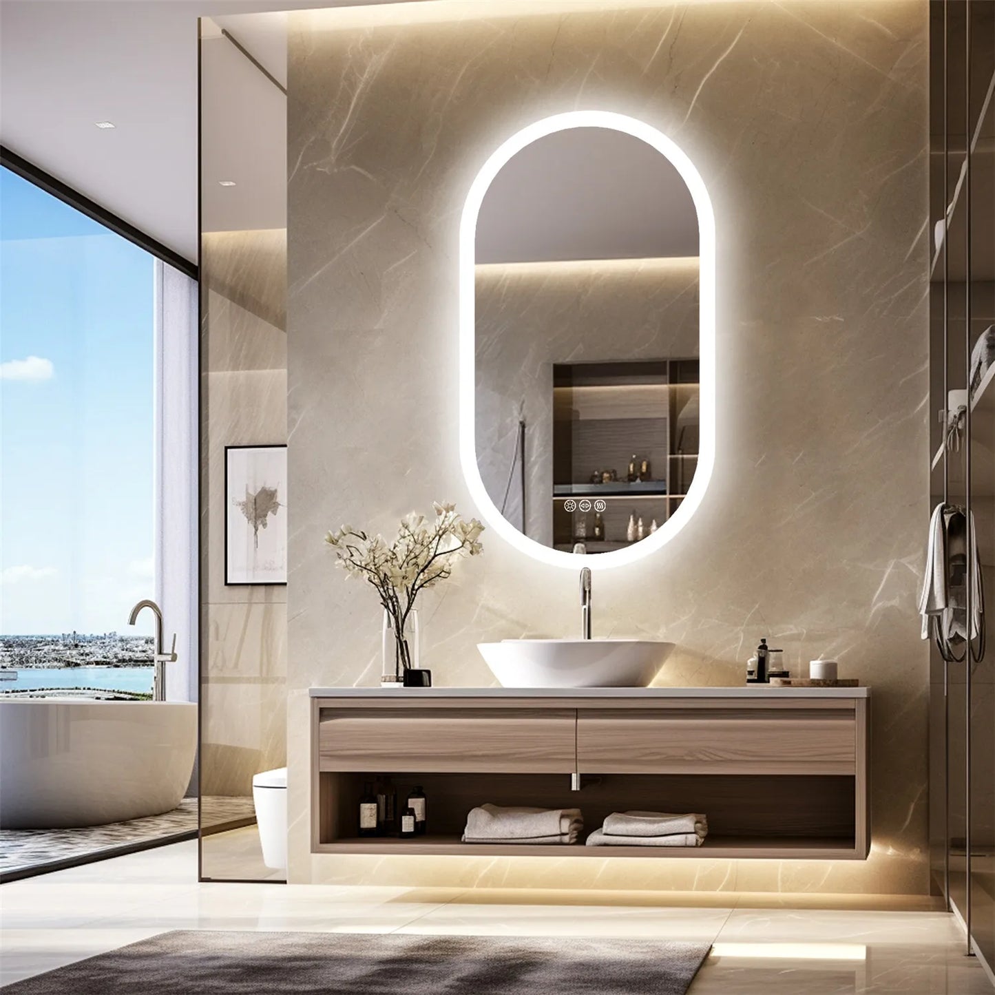 Oval LED Bathroom Mirror – Backlit, Dimmable 3 Colors, Anti-Fog