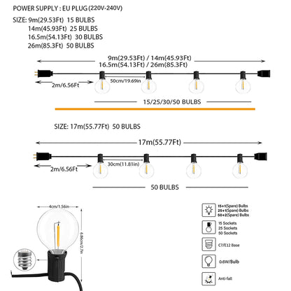 LED G40 Outdoor String Lights – Warm White Festoon Lights for Patio