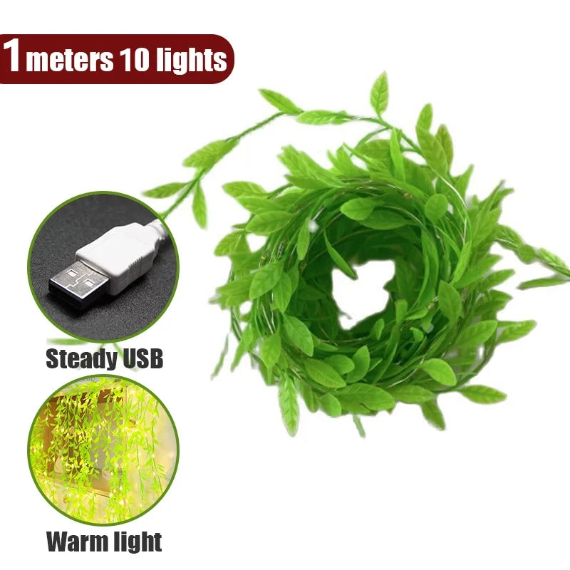 Battery Powered Willow Vine LED String Lights – Artificial Leaf Decor